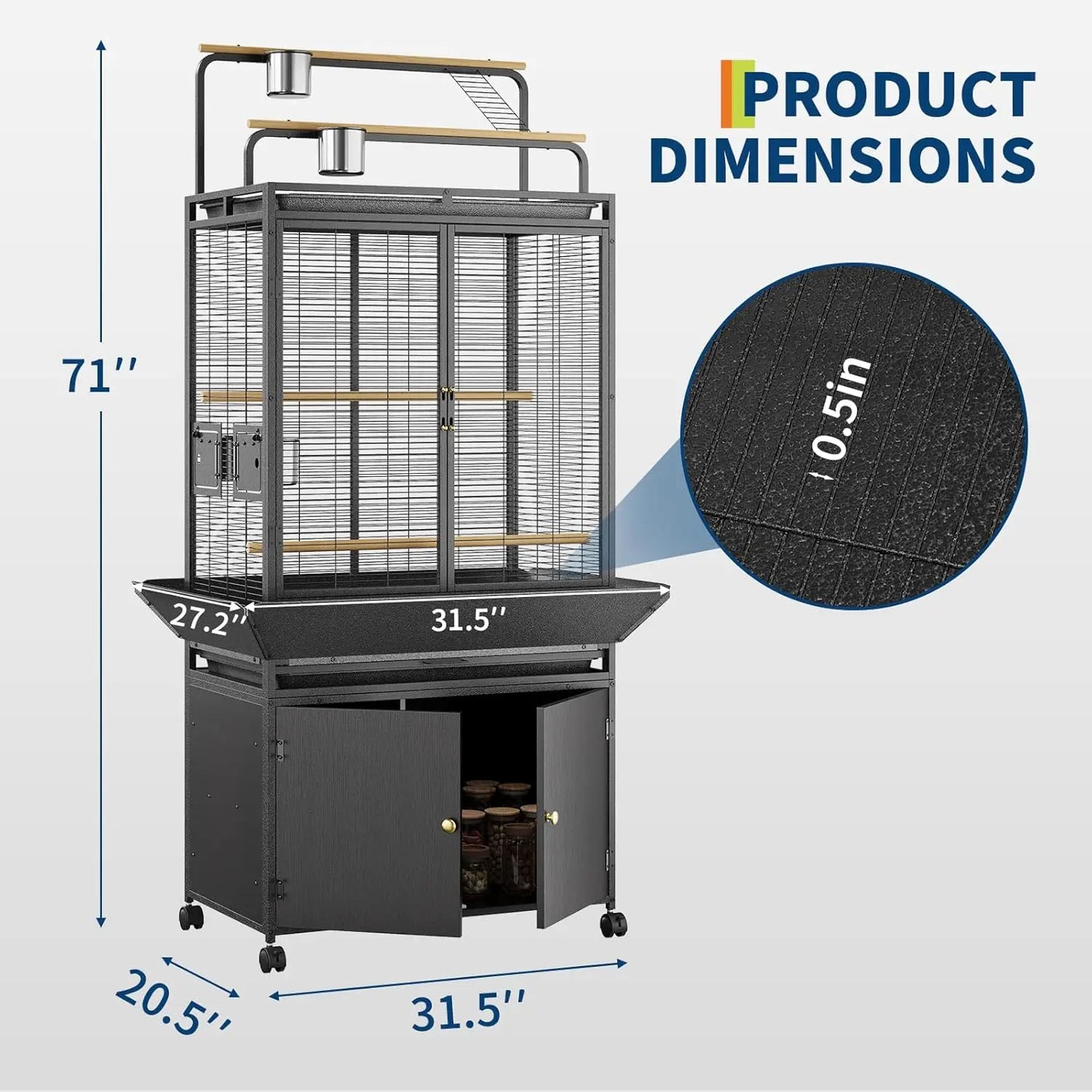 HiMISS Large Rolling Bird Cage With Play Top And Storage