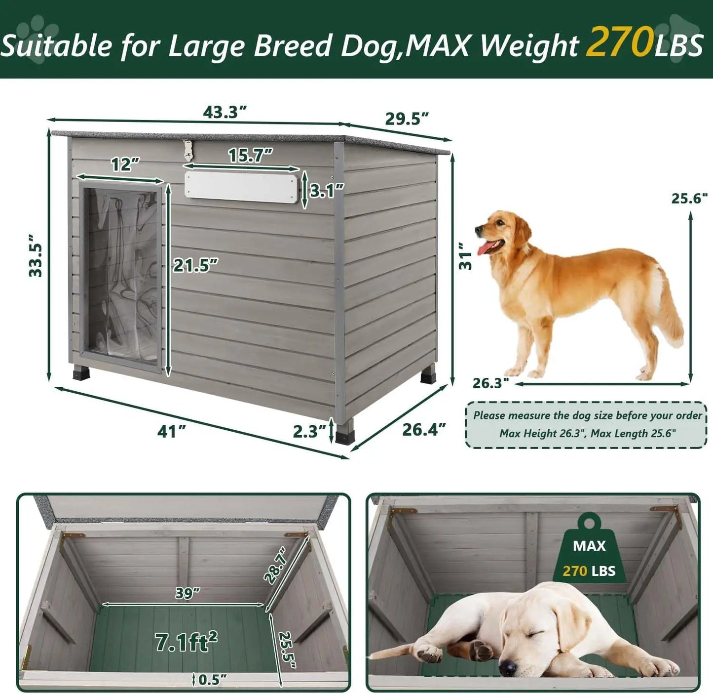 PetsCosset Wooden Outdoor Dog House Kennel With AntiChewing Iron Frames