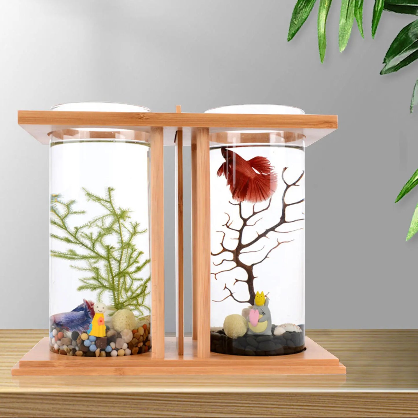 Glass Betta Fish Tank With LED Light Bamboo Base Aquarium