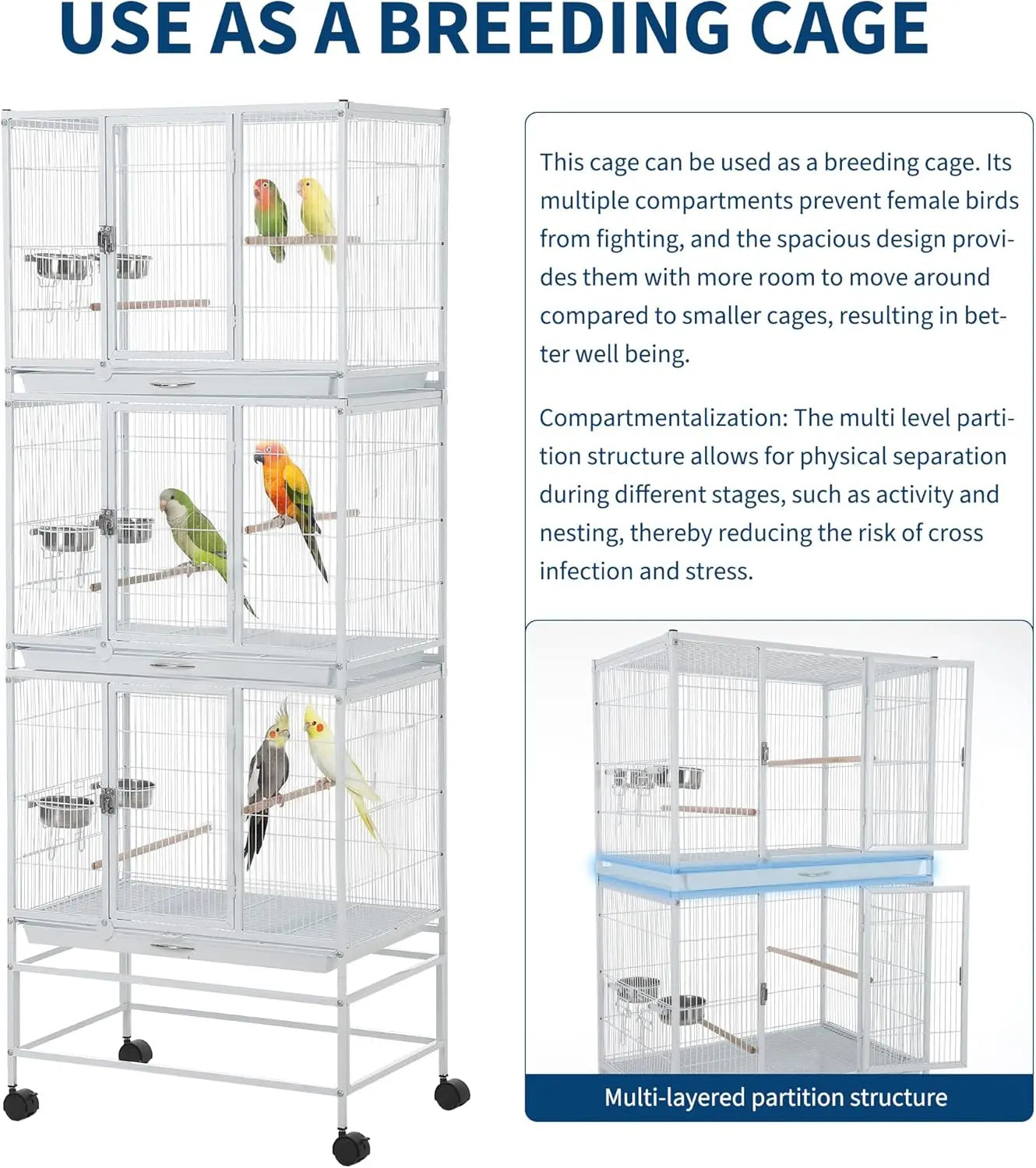 HiMISS 74 Inch Tall Bird Cage Aviary With Dividable Compartments