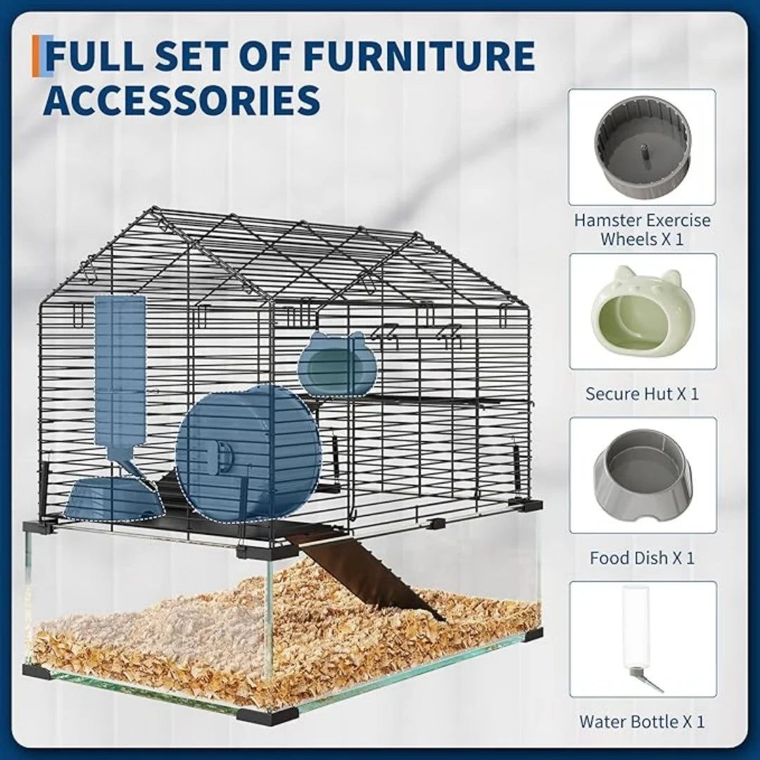 HiMISS 3-Tier Glass Metal Hamster Enclosure For Small Animals