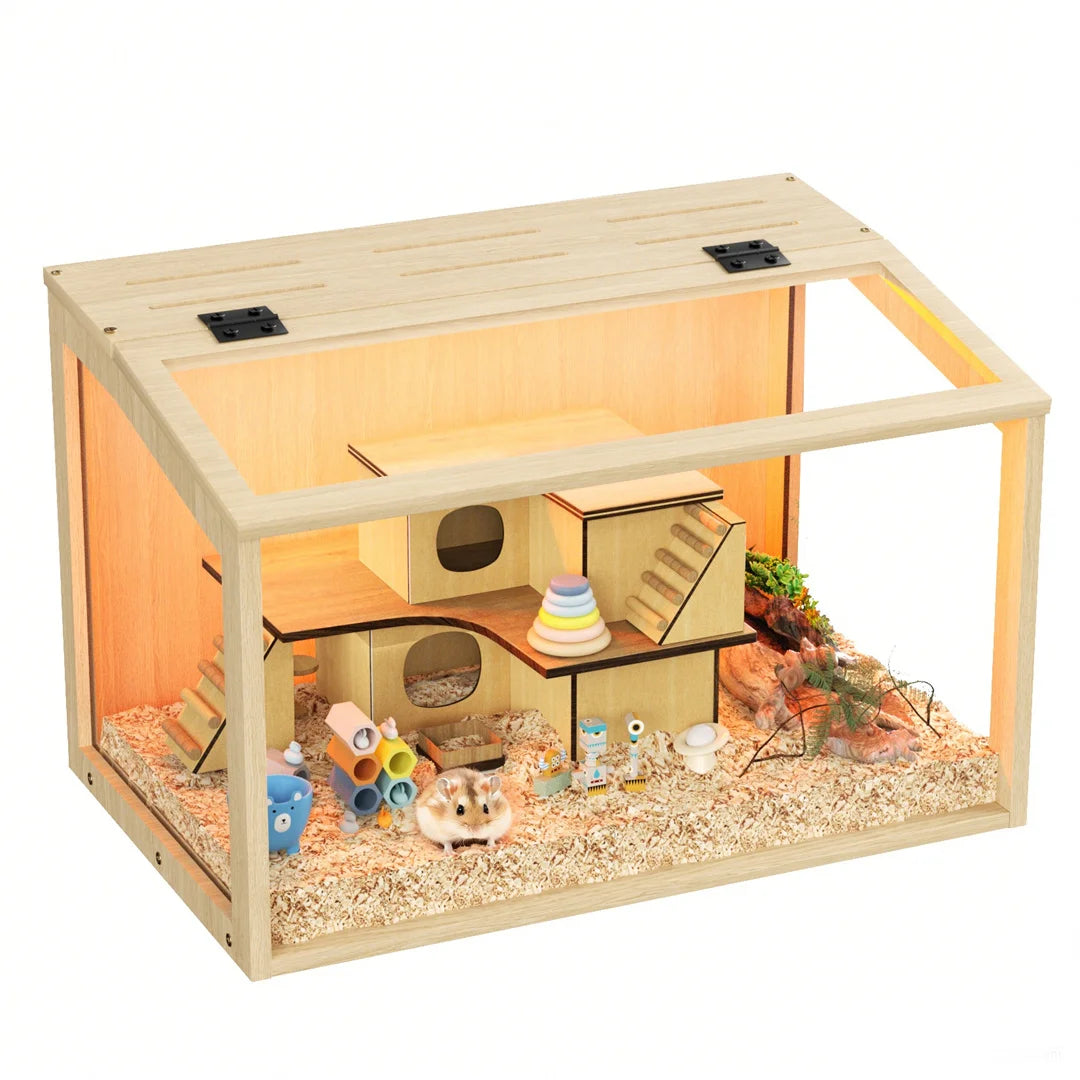 Natural Wooden Hamster Cage With Glass Panels Chewproof LED Light