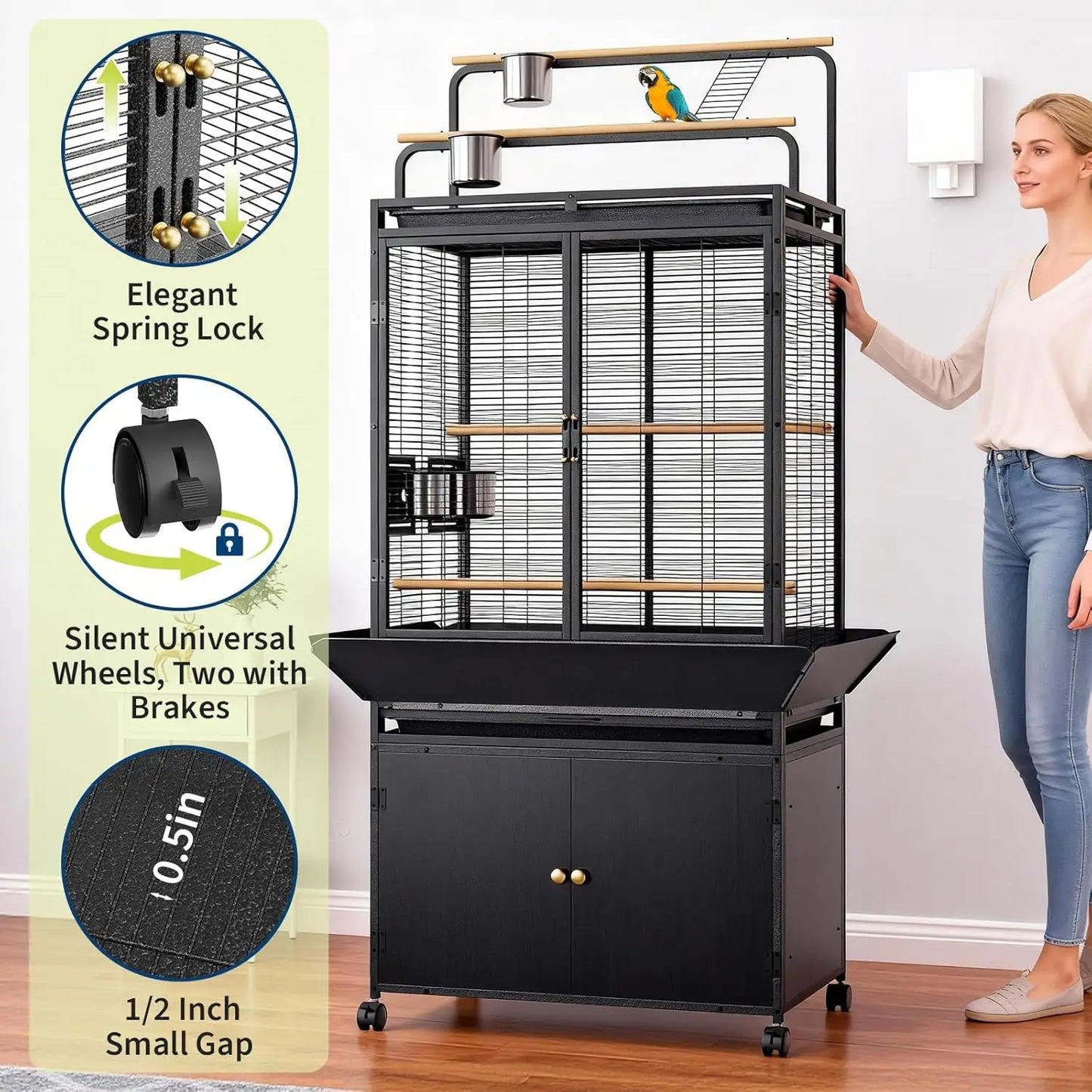 HiMISS Large Rolling Bird Cage With Play Top And Storage