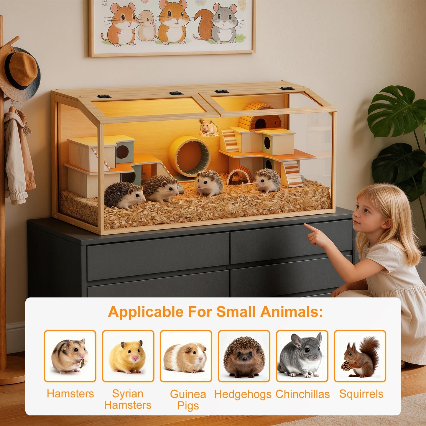 Natural Wooden Hamster Cage With Glass Panels Chewproof LED Light