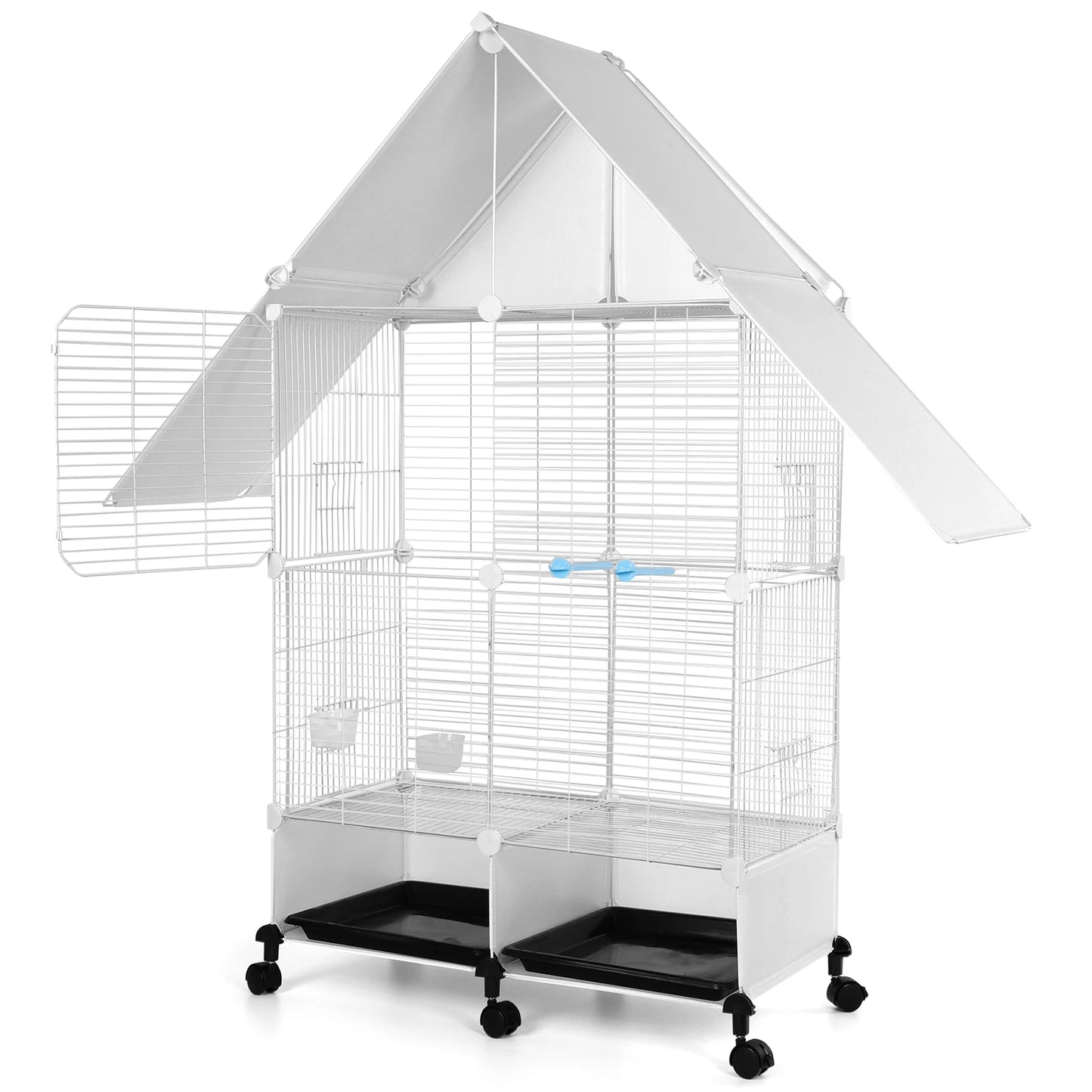Bird Cage With Rolling Stand House Shape Two Tier Parakeets