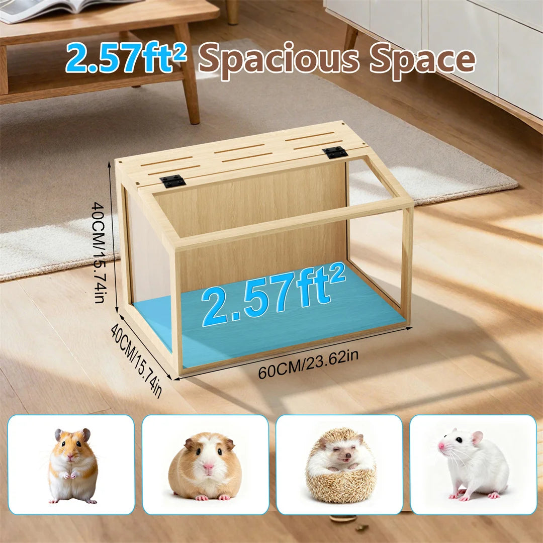 Natural Wooden Hamster Cage With Glass Panels Chewproof LED Light