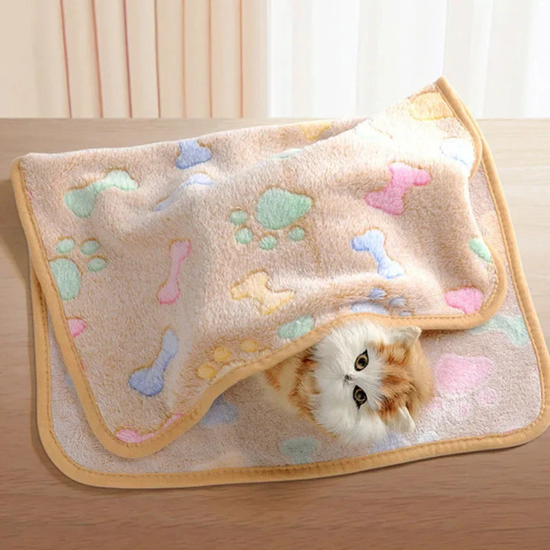Velvet Pet Blanket With Paw Bone Pattern Soft Fleece Mat