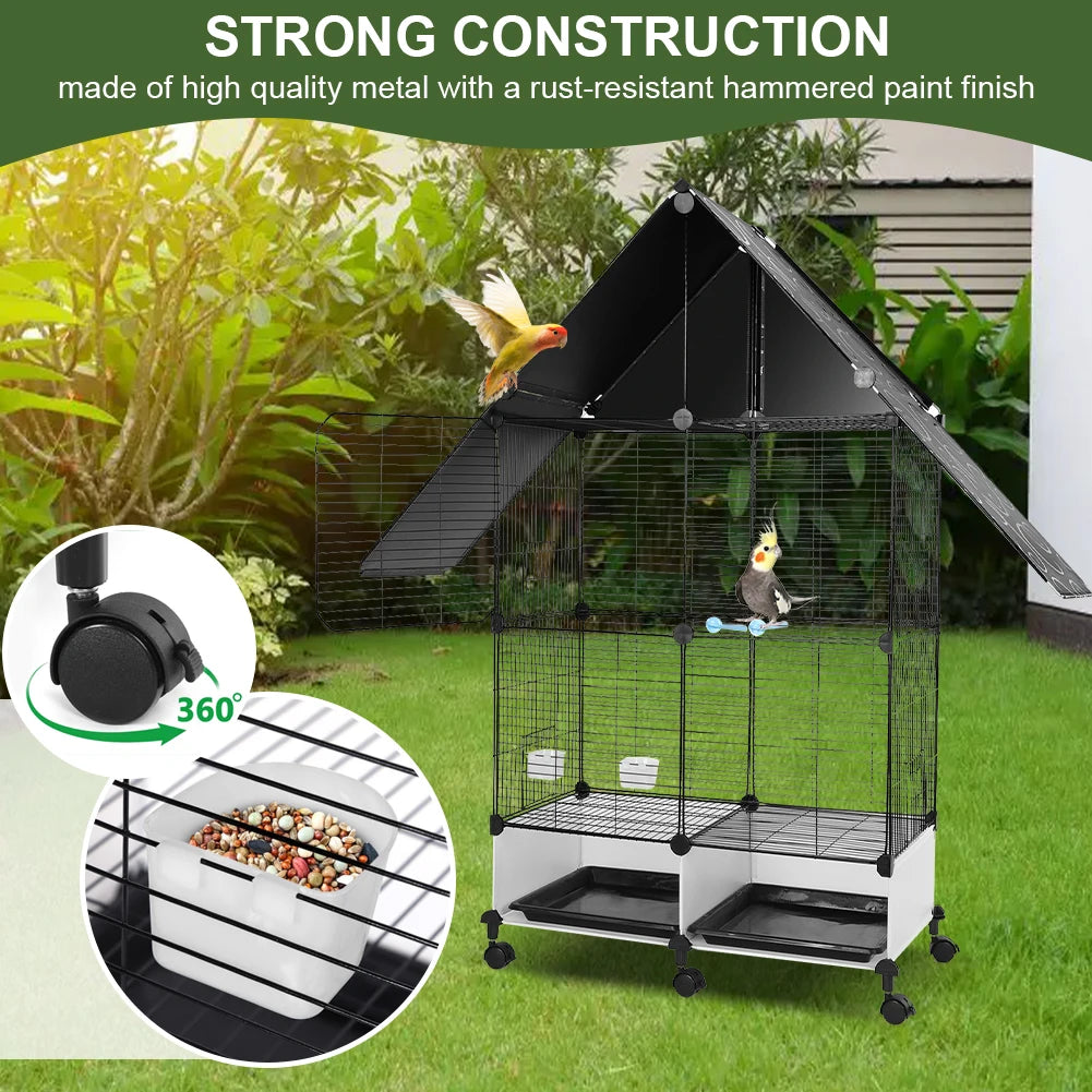 Bird Cage With Rolling Stand House Shape Two Tier Parakeets