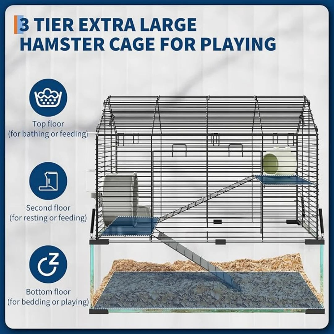 HiMISS 3-Tier Glass Metal Hamster Enclosure For Small Animals