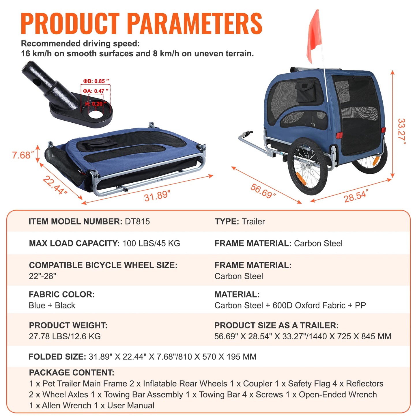 Pet Bicycle Trailer Carrier for Dogs Collapsible With Reflectors