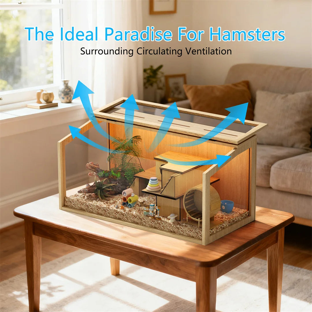 Natural Wooden Hamster Cage With Glass Panels Chewproof LED Light