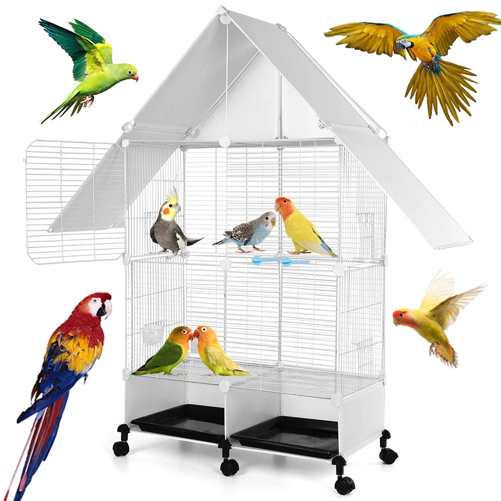 Bird Cage With Rolling Stand House Shape Two Tier Parakeets