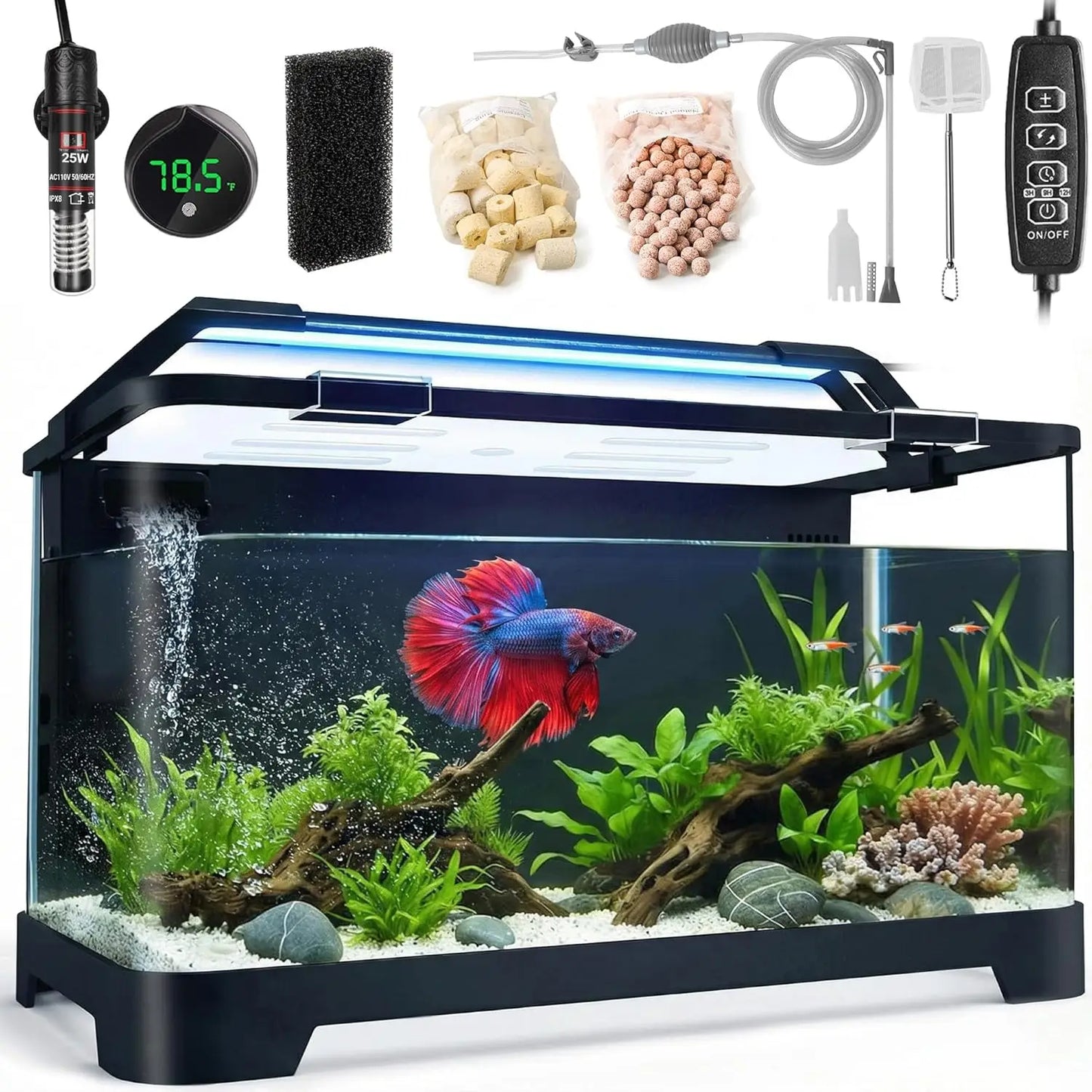 All-In-One Betta Fish Tank Kit With Filter Heater LED Light