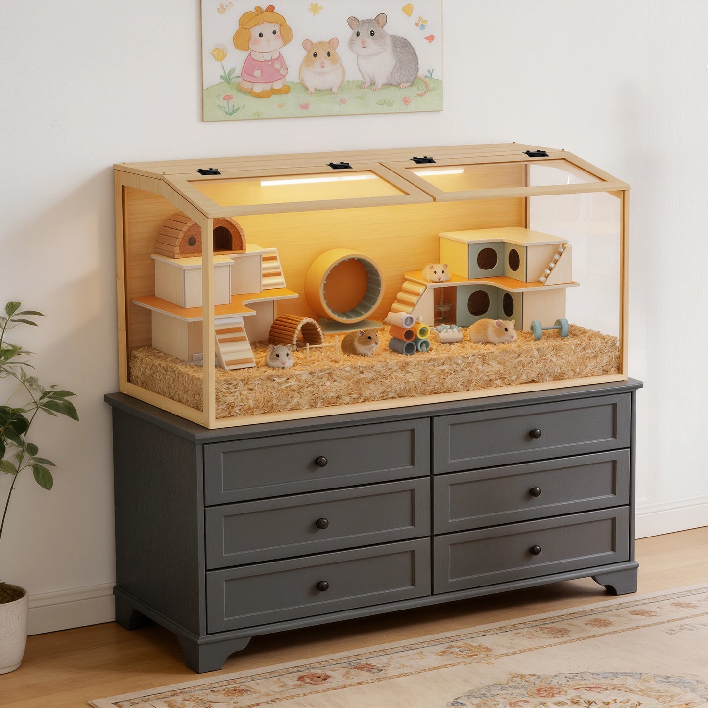 Natural Wooden Hamster Cage With Glass Panels Chewproof LED Light