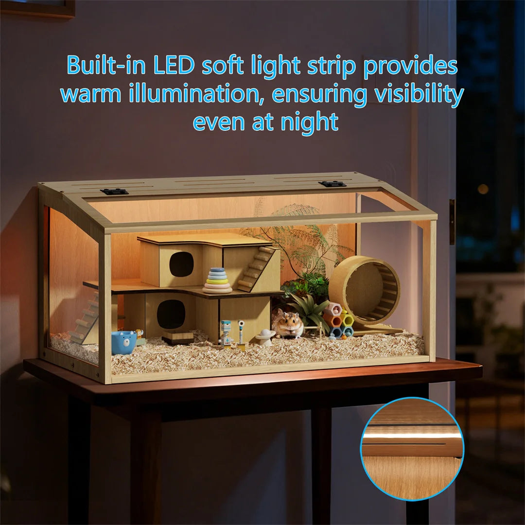 Natural Wooden Hamster Cage With Glass Panels Chewproof LED Light