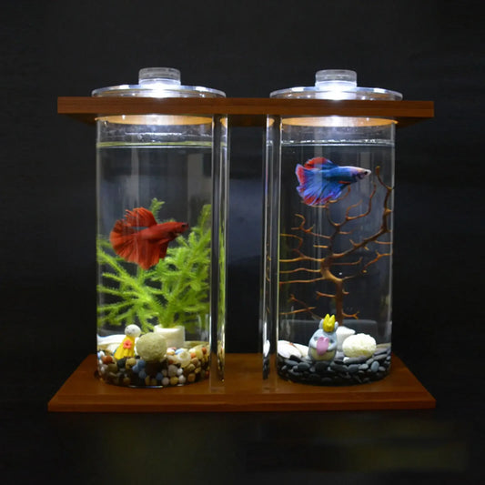 Glass Betta Fish Tank With LED Light Bamboo Base Aquarium