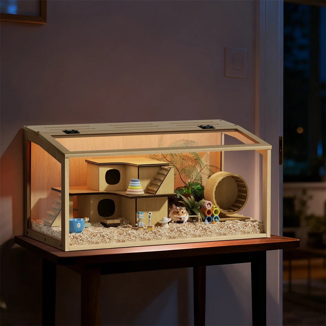 Natural Wooden Hamster Cage With Glass Panels Chewproof LED Light