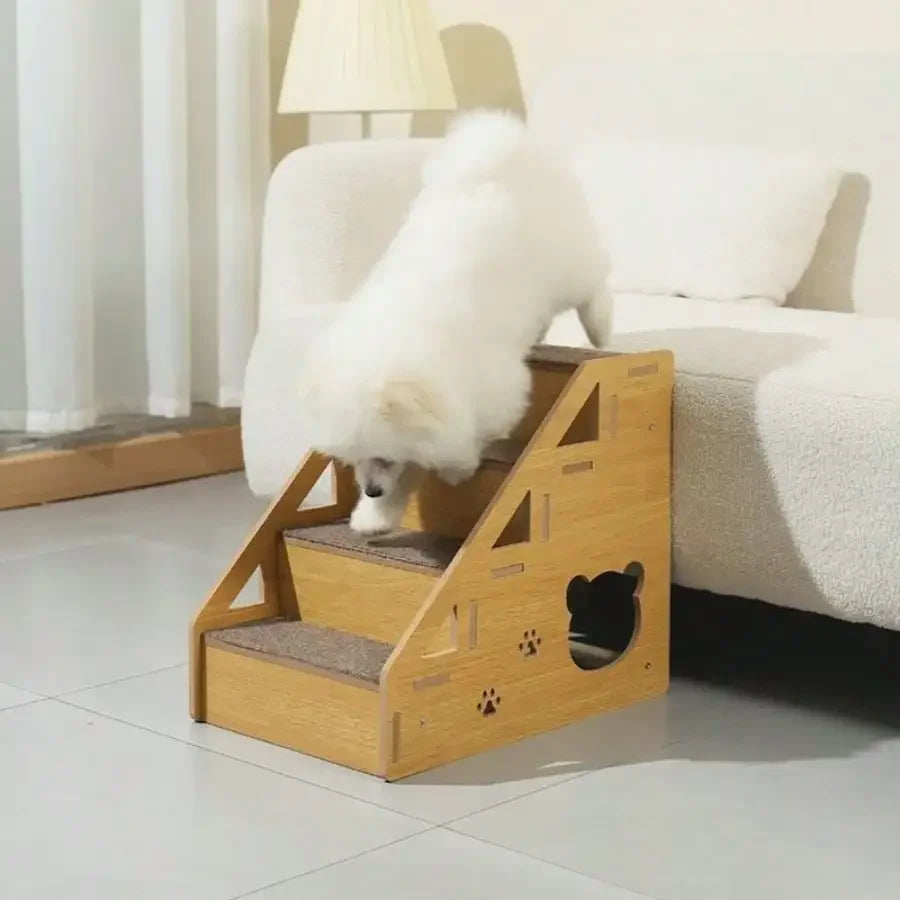 Wooden Right Angle Pet Stairs For Dogs And Cats With Non Slip Mat