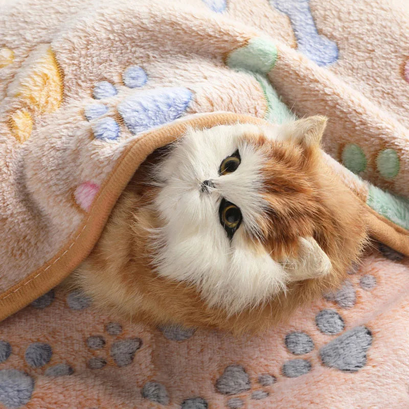Velvet Pet Blanket With Paw Bone Pattern Soft Fleece Mat