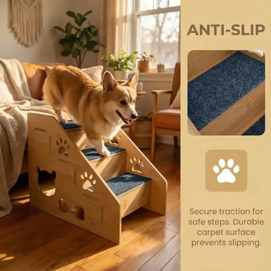 Wooden Right Angle Pet Stairs For Dogs And Cats With Non Slip Mat