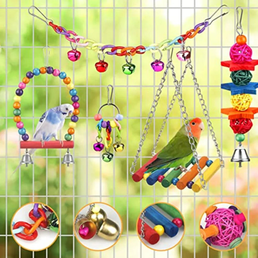 Bird Toys For Conures Ladder Hammock Perch Chewing Bells Parrots