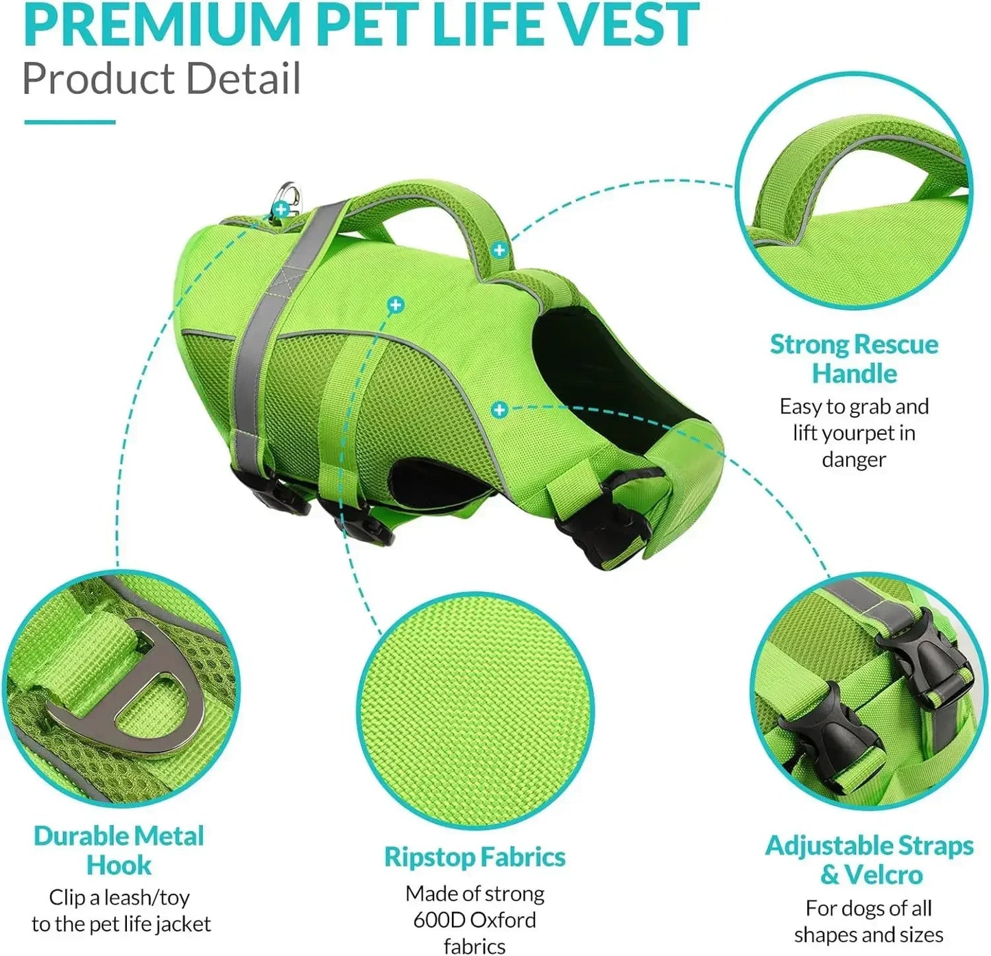 Durable Mesh Dog Life Jacket With Ergonomic Rescue Handle Reflective