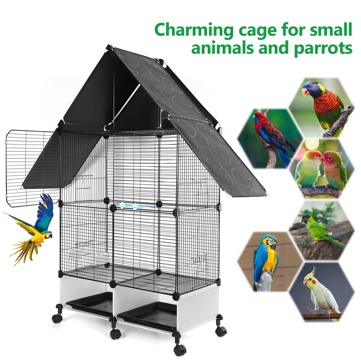 Bird Cage With Rolling Stand House Shape Two Tier Parakeets