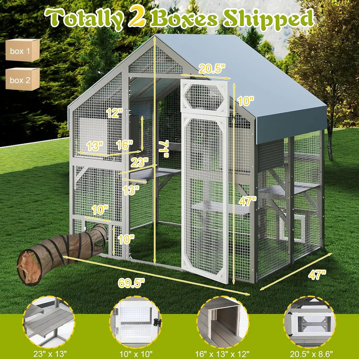 Wooden Walk-In Catio For Outdoor Cats With Weatherproof Roof