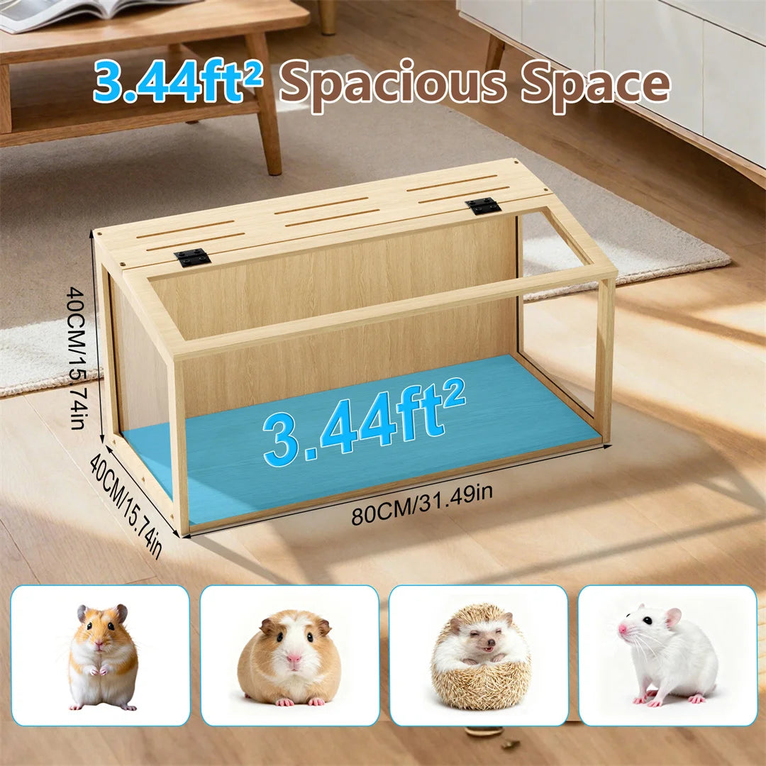 Natural Wooden Hamster Cage With Glass Panels Chewproof LED Light