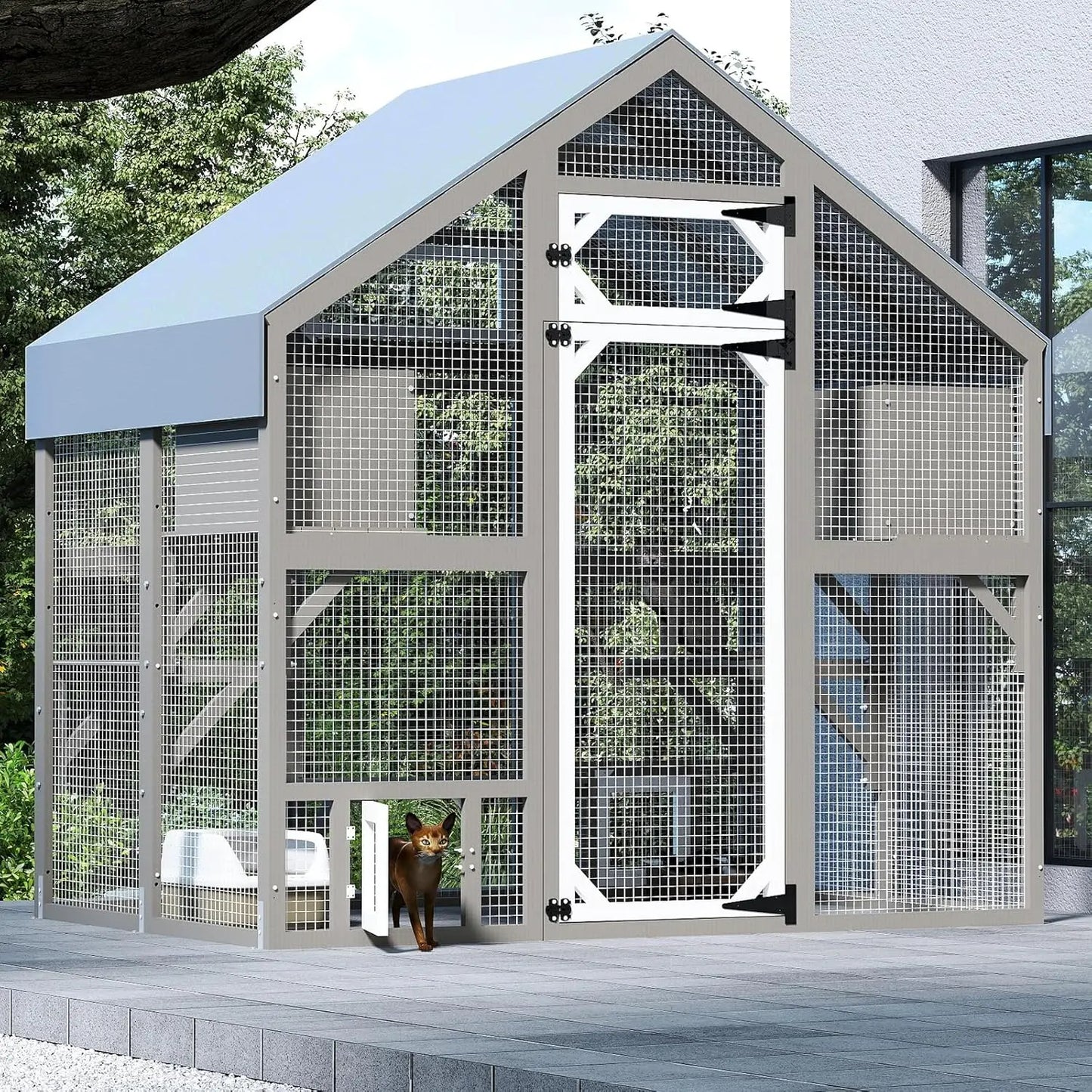 Wooden Walk-In Catio For Outdoor Cats With Weatherproof Roof