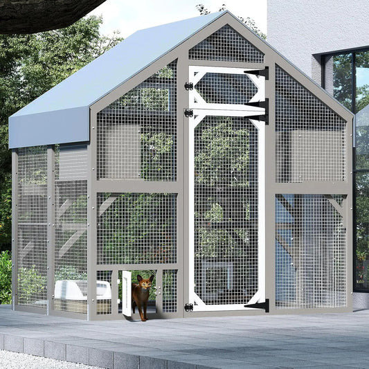 Wooden Walk-In Catio For Outdoor Cats With Weatherproof Roof