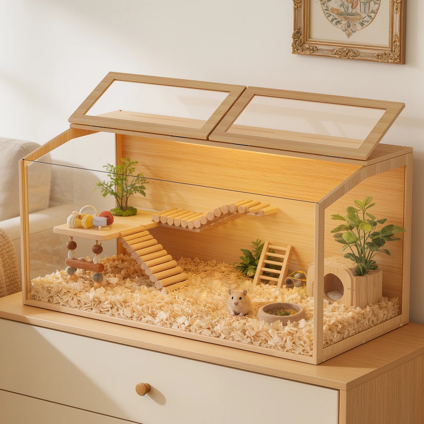Natural Wooden Hamster Cage With Glass Panels Chewproof LED Light
