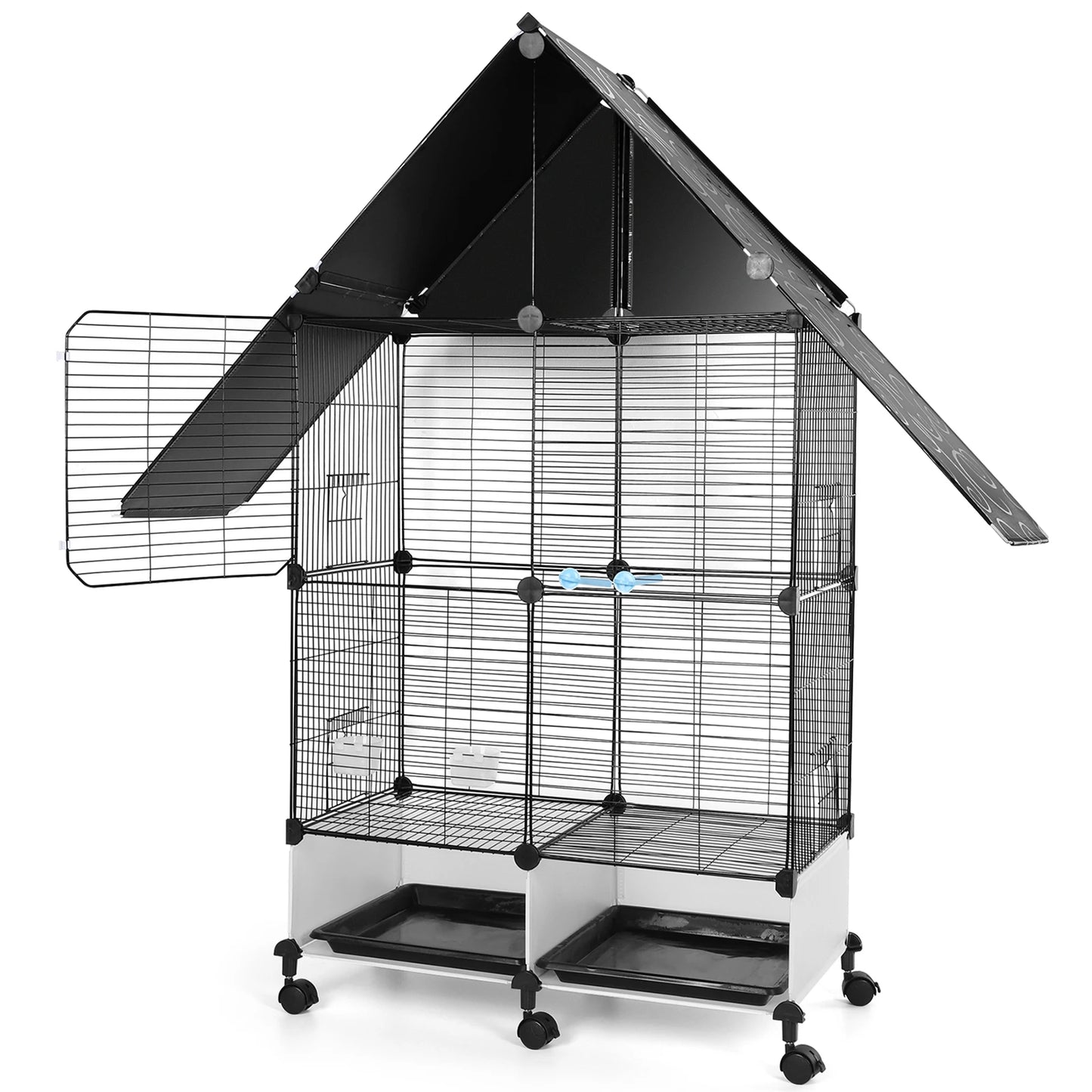Bird Cage With Rolling Stand House Shape Two Tier Parakeets