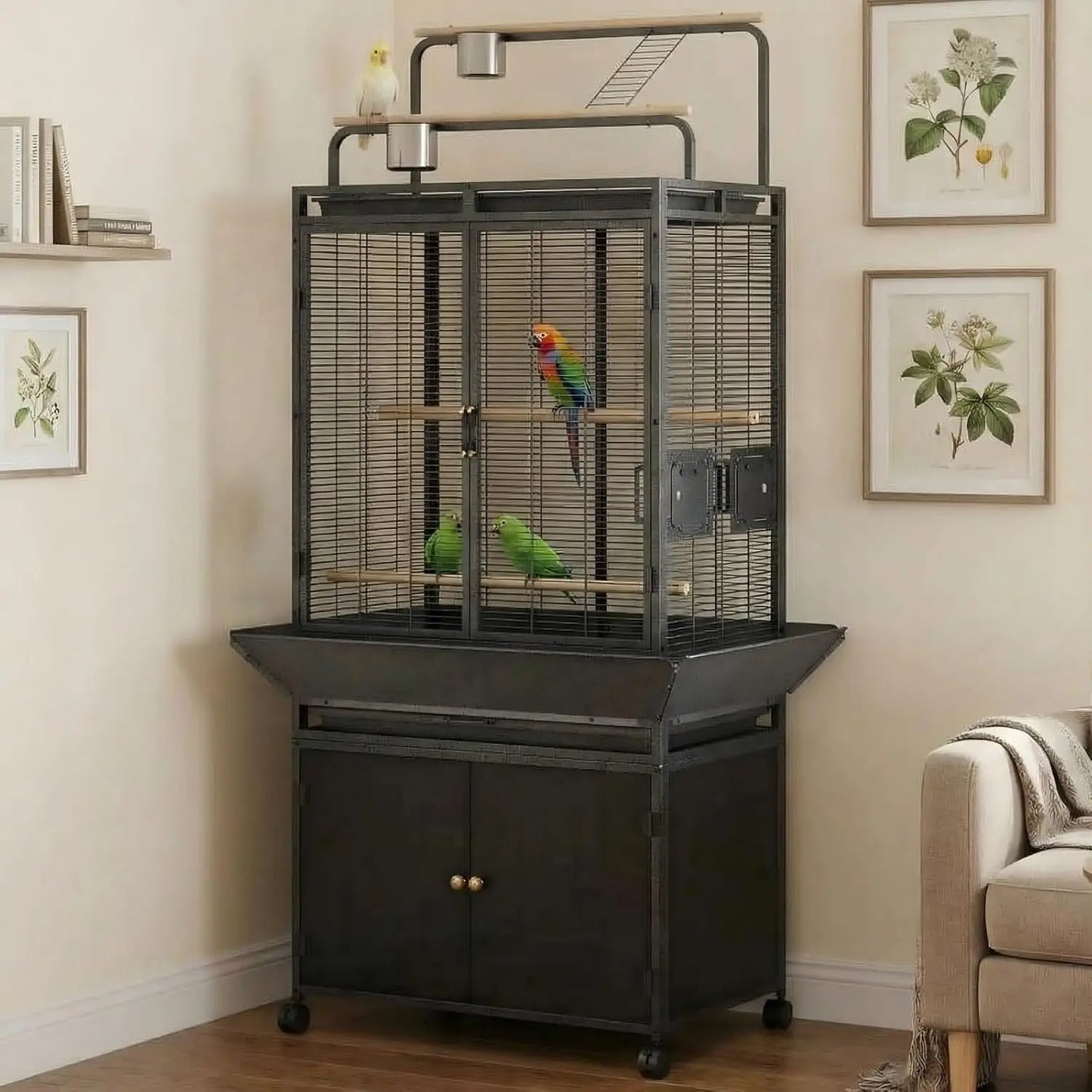 HiMISS Large Rolling Bird Cage With Play Top And Storage