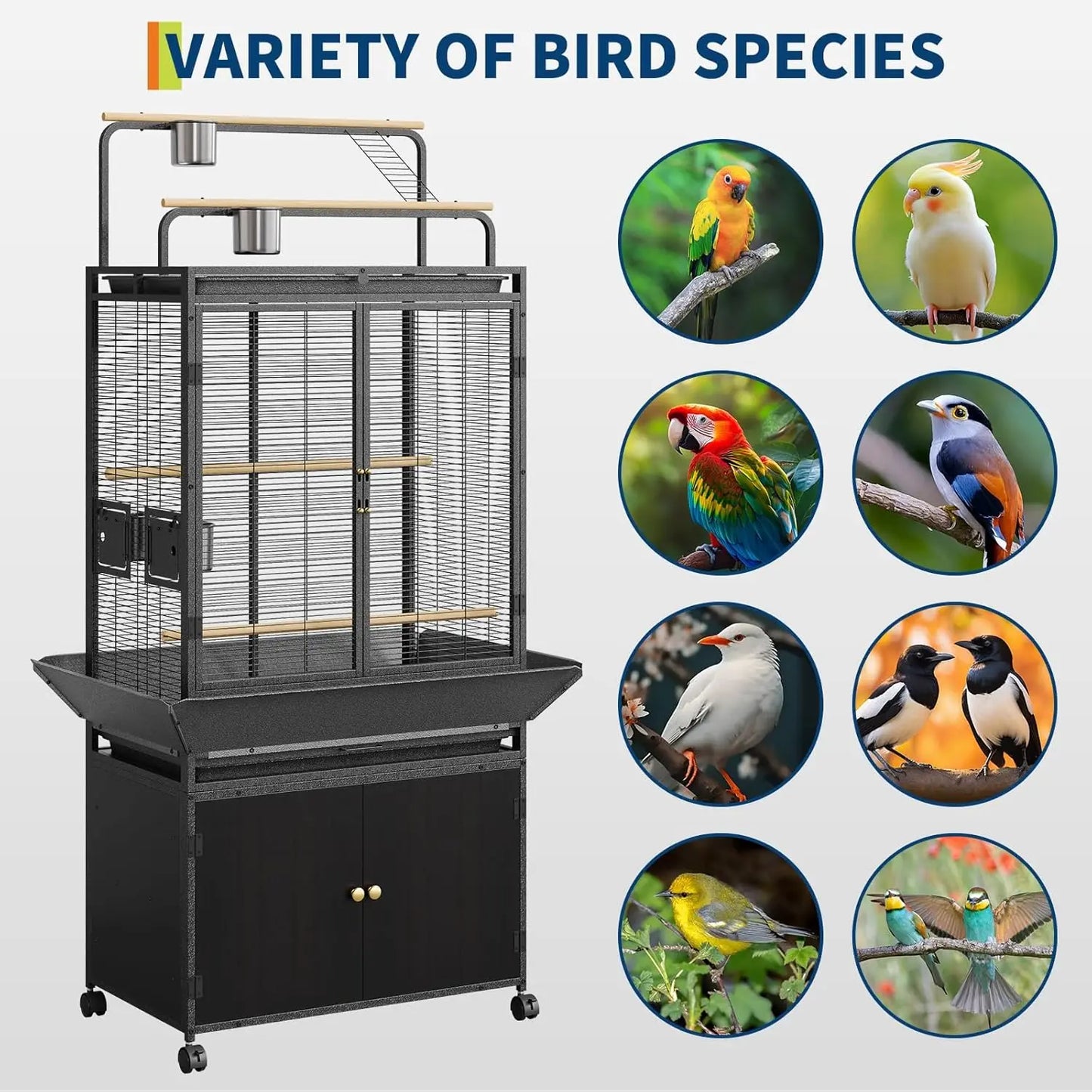 HiMISS Large Rolling Bird Cage With Play Top And Storage