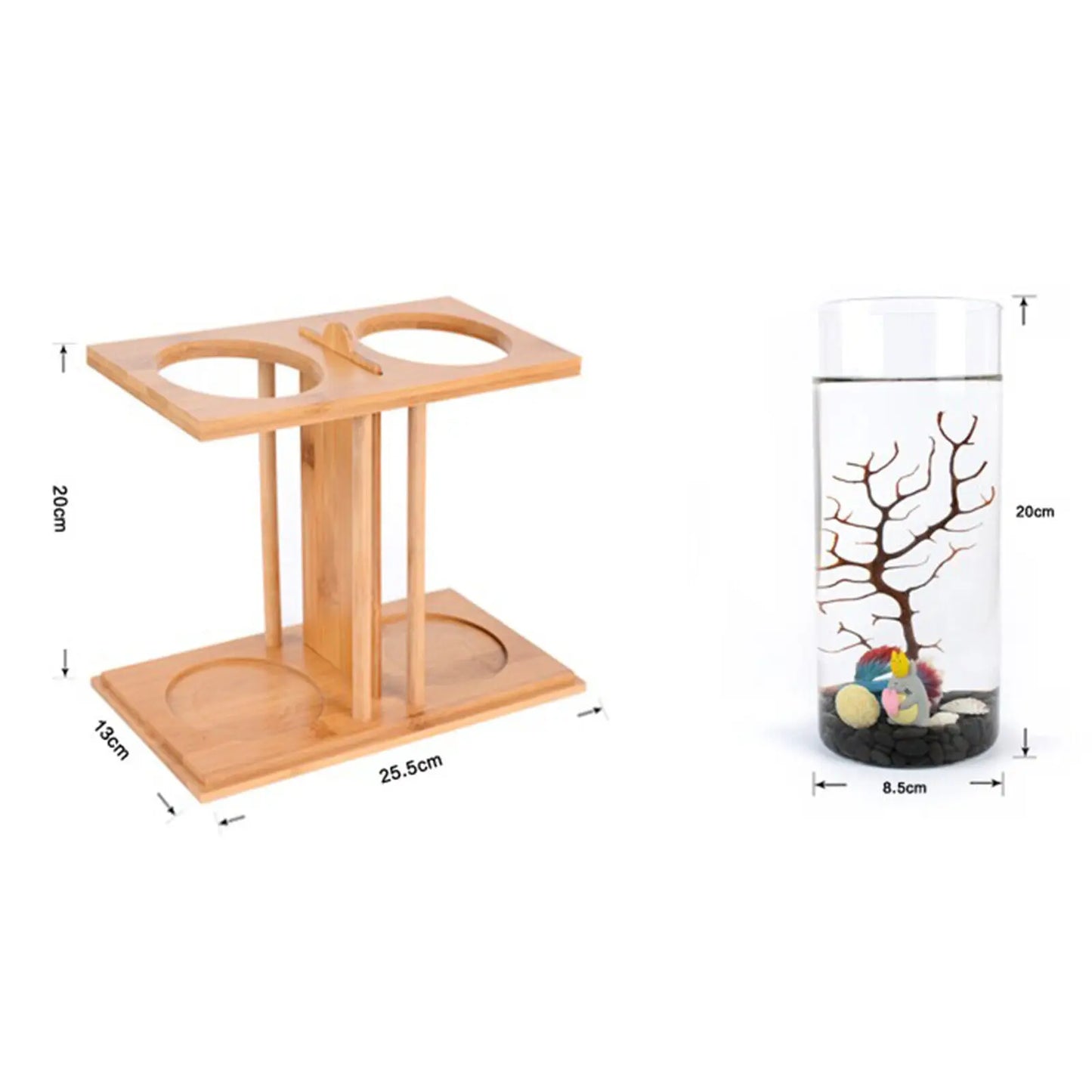 Glass Betta Fish Tank With LED Light Bamboo Base Aquarium