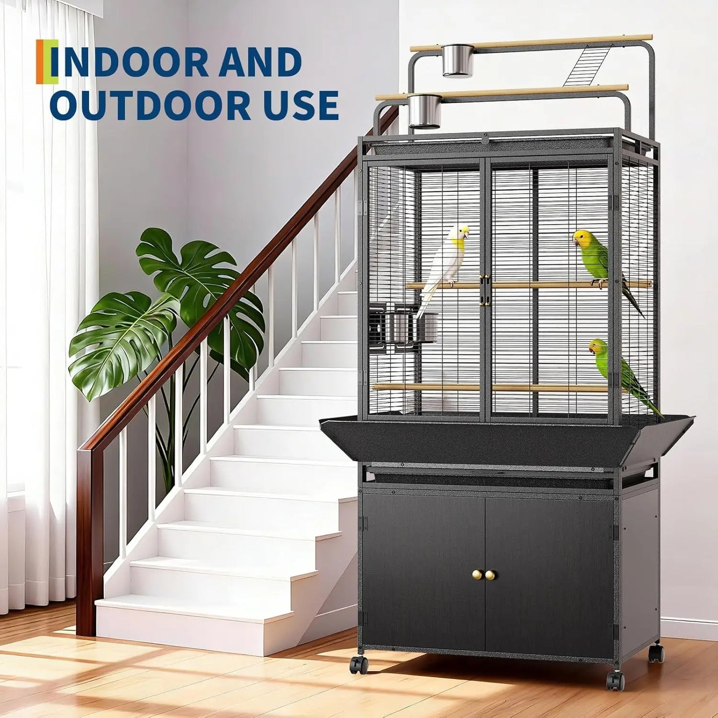 HiMISS Large Rolling Bird Cage With Play Top And Storage