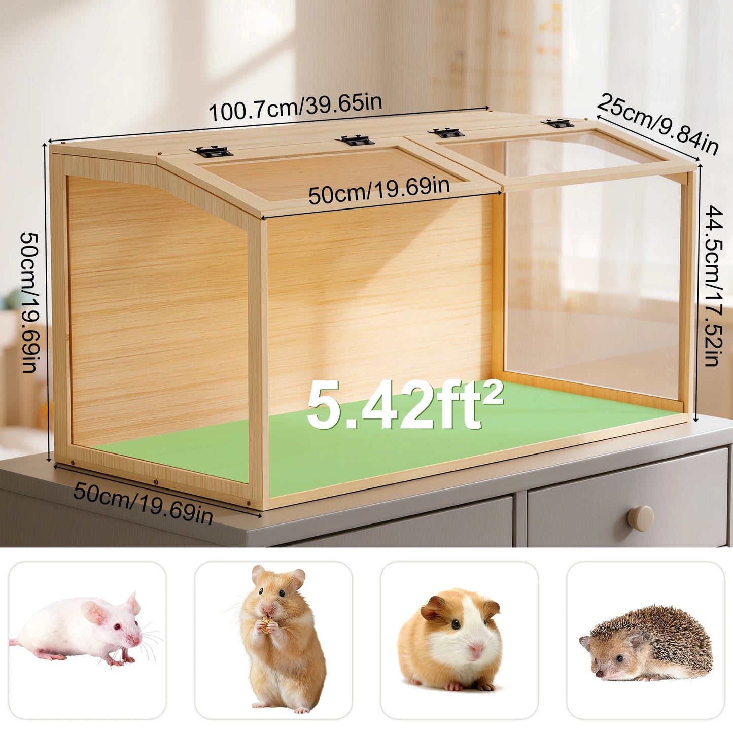 Natural Wooden Hamster Cage With Glass Panels Chewproof LED Light