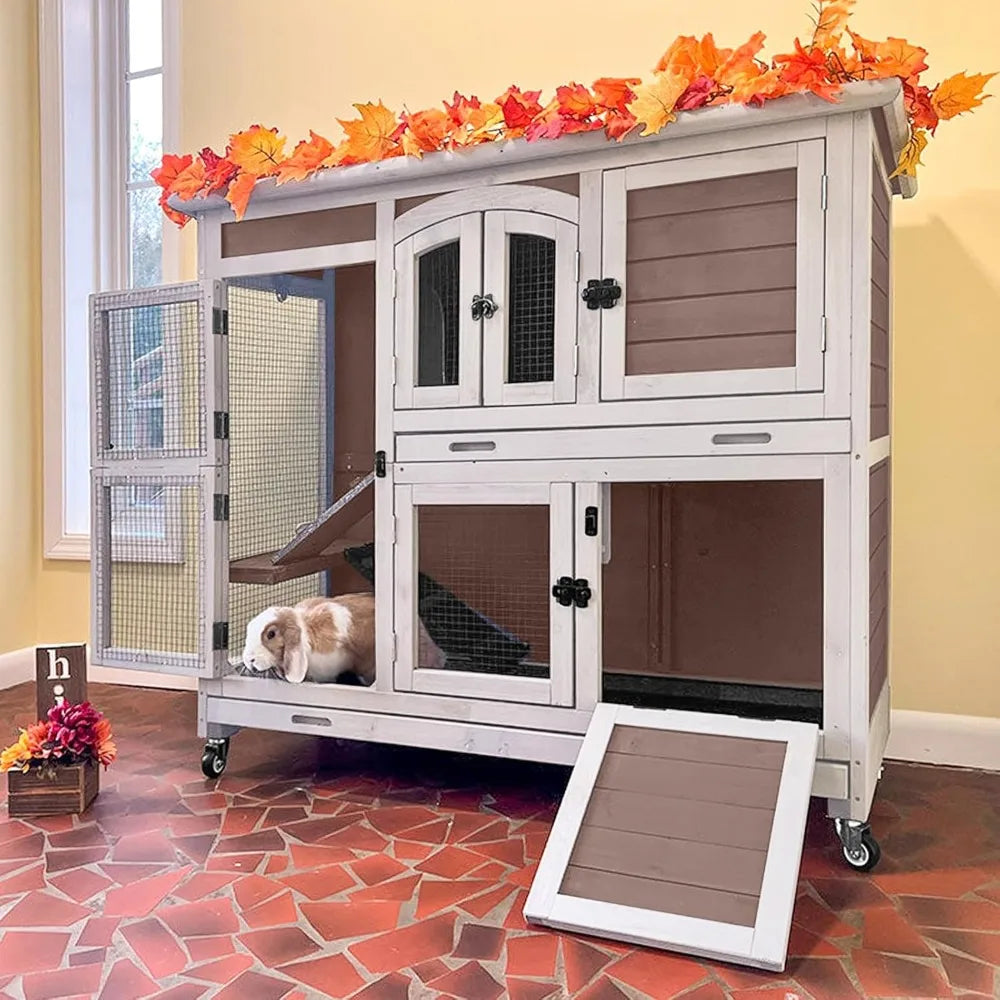 Wooden Rabbit Hutch Indoor Cage With Wheels And Ramp