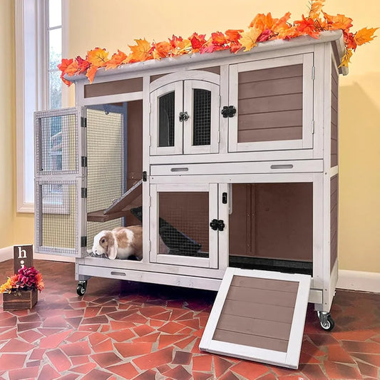 Wooden Rabbit Hutch Indoor Cage With Wheels And Ramp