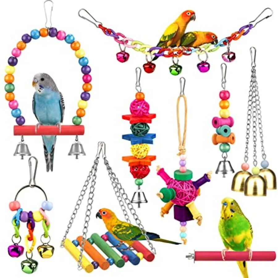 Bird Toys For Conures Ladder Hammock Perch Chewing Bells Parrots