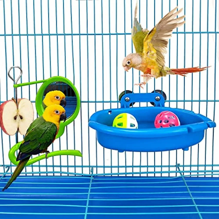 Plastic Bird Bath For Cage With 3 Balls Hanging Toy