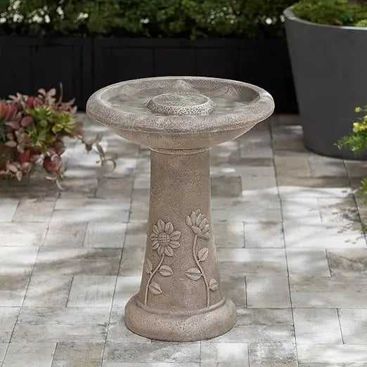 Missy Fleur Rustic Outdoor Cement Fountain With LED Bird Bath