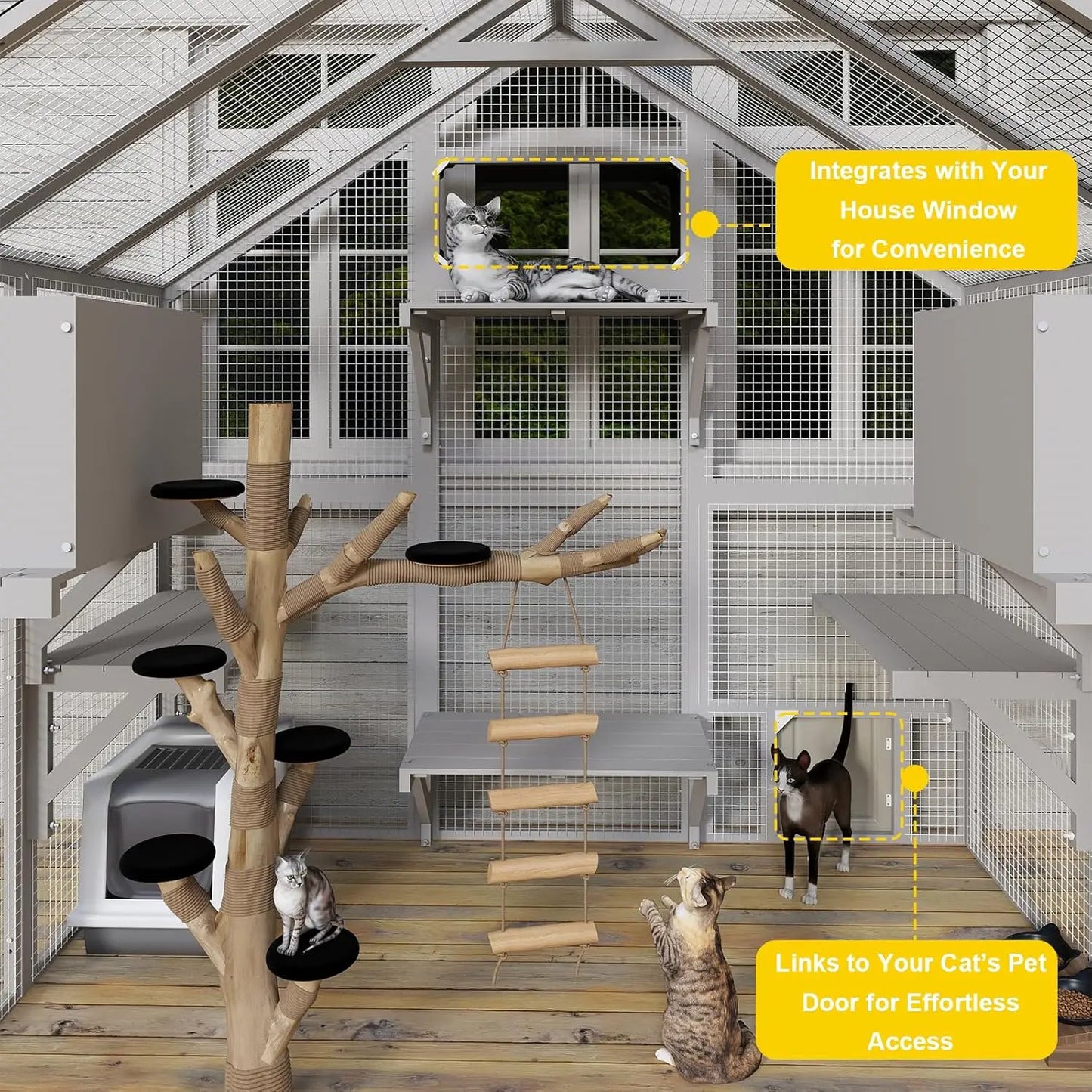Wooden Walk-In Catio For Outdoor Cats With Weatherproof Roof