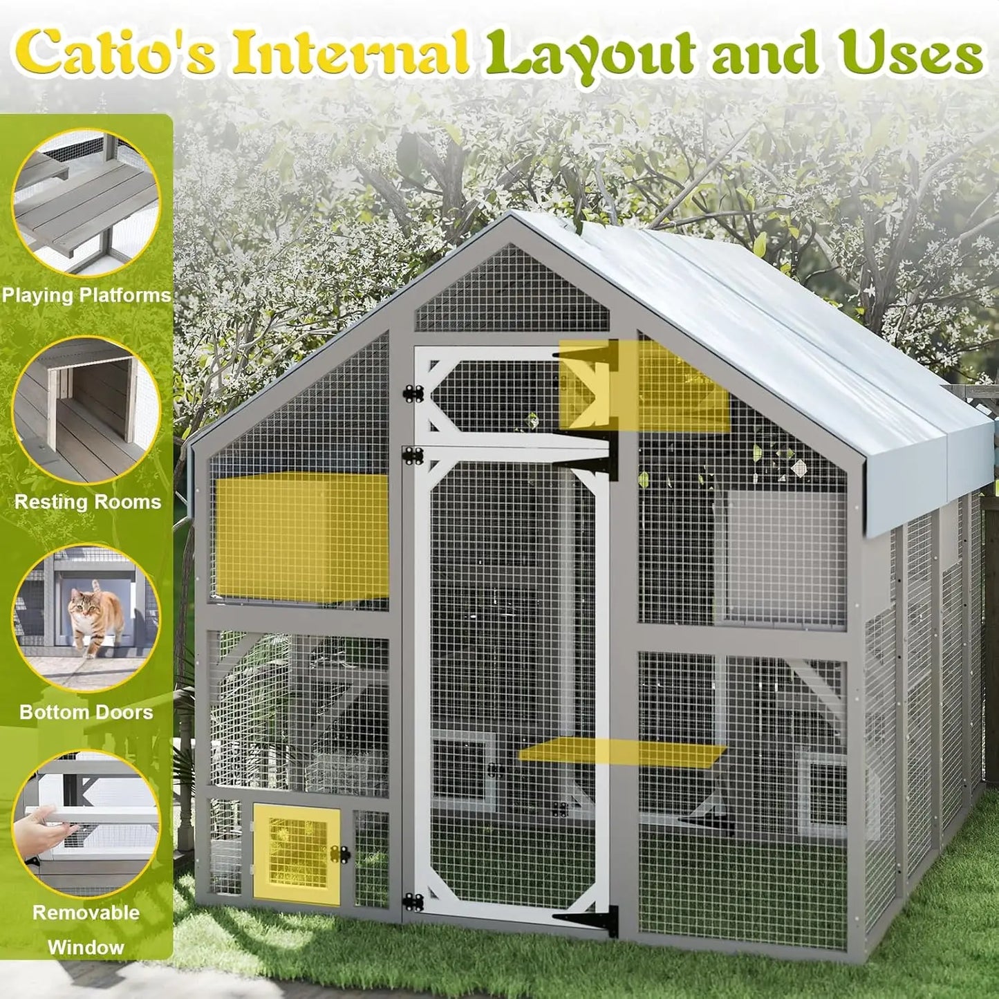 Wooden Walk-In Catio For Outdoor Cats With Weatherproof Roof