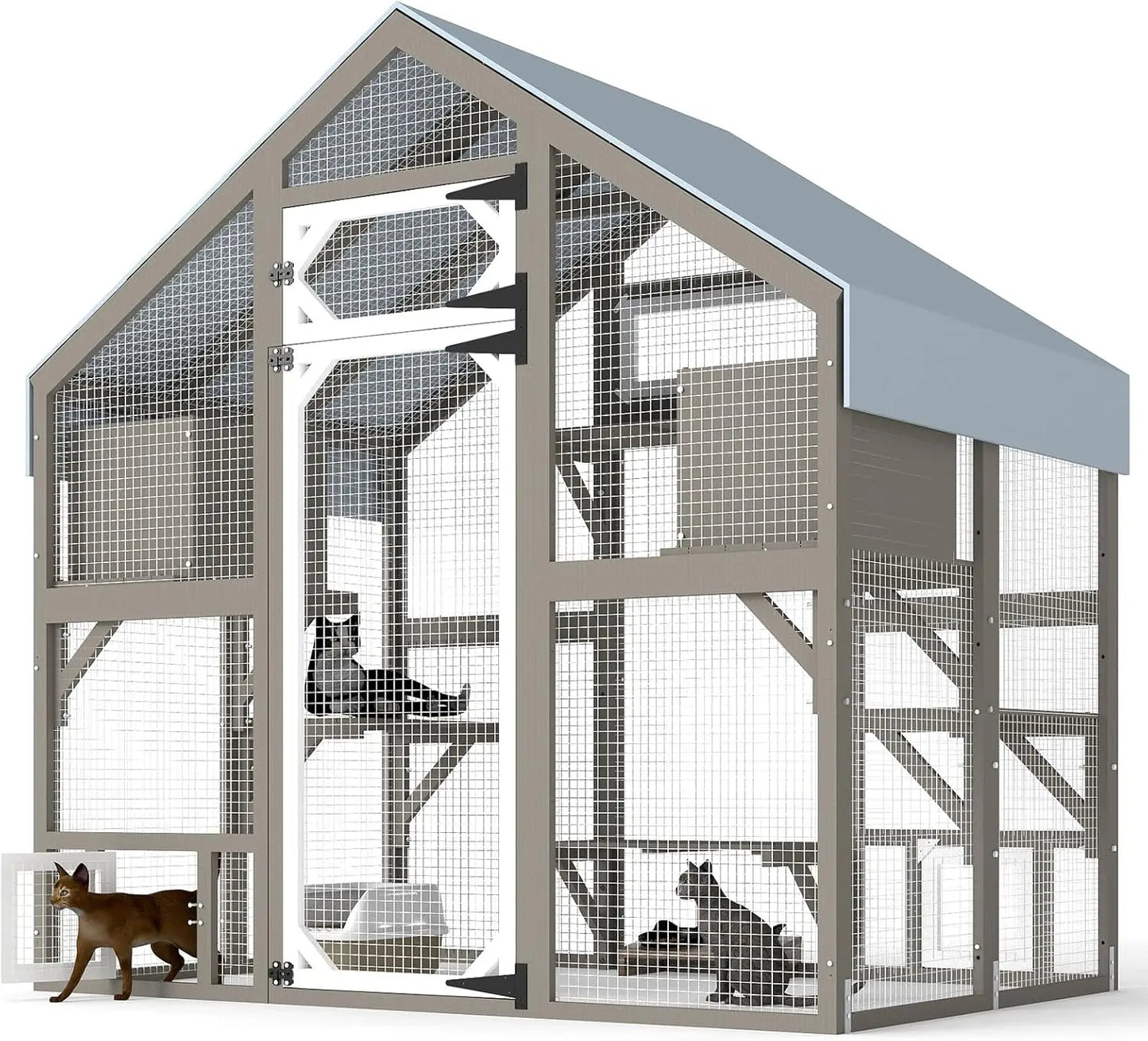 Wooden Walk-In Catio For Outdoor Cats With Weatherproof Roof