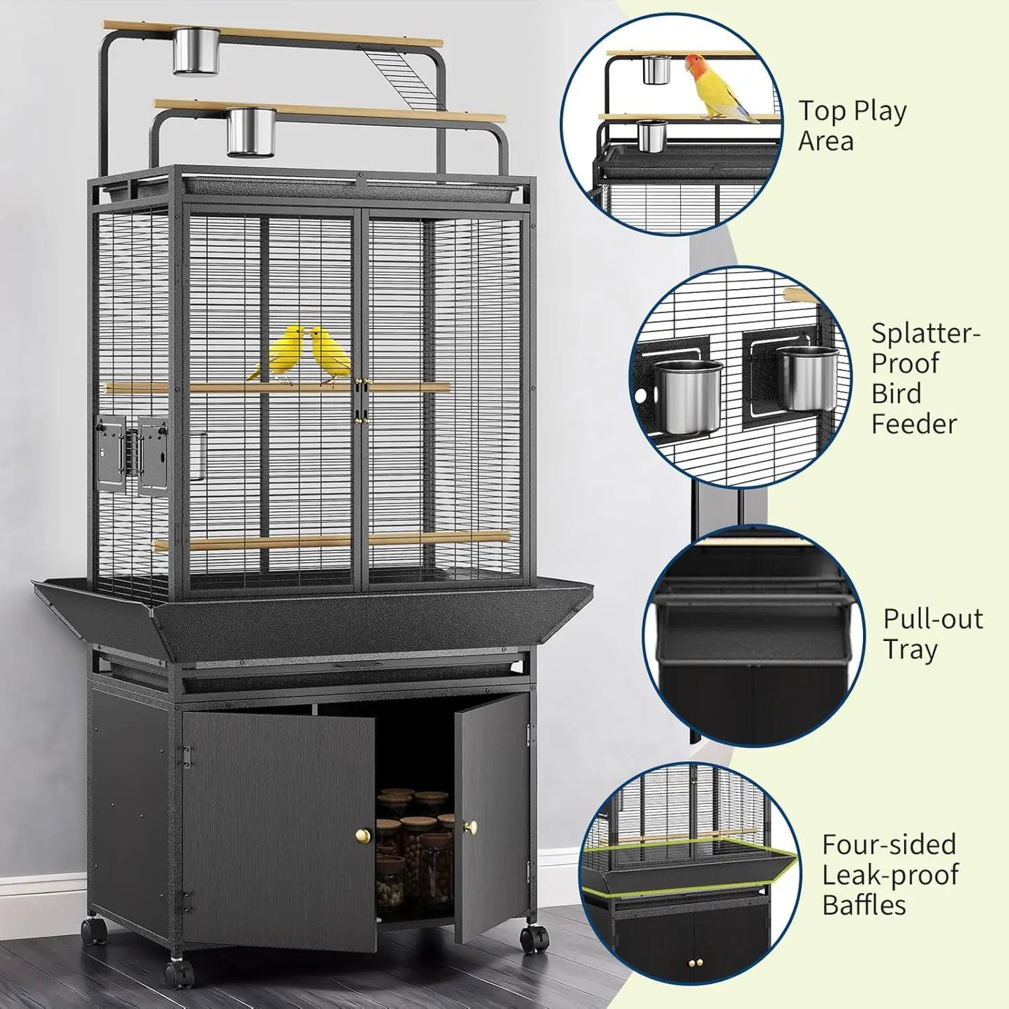 HiMISS Large Rolling Bird Cage With Play Top And Storage