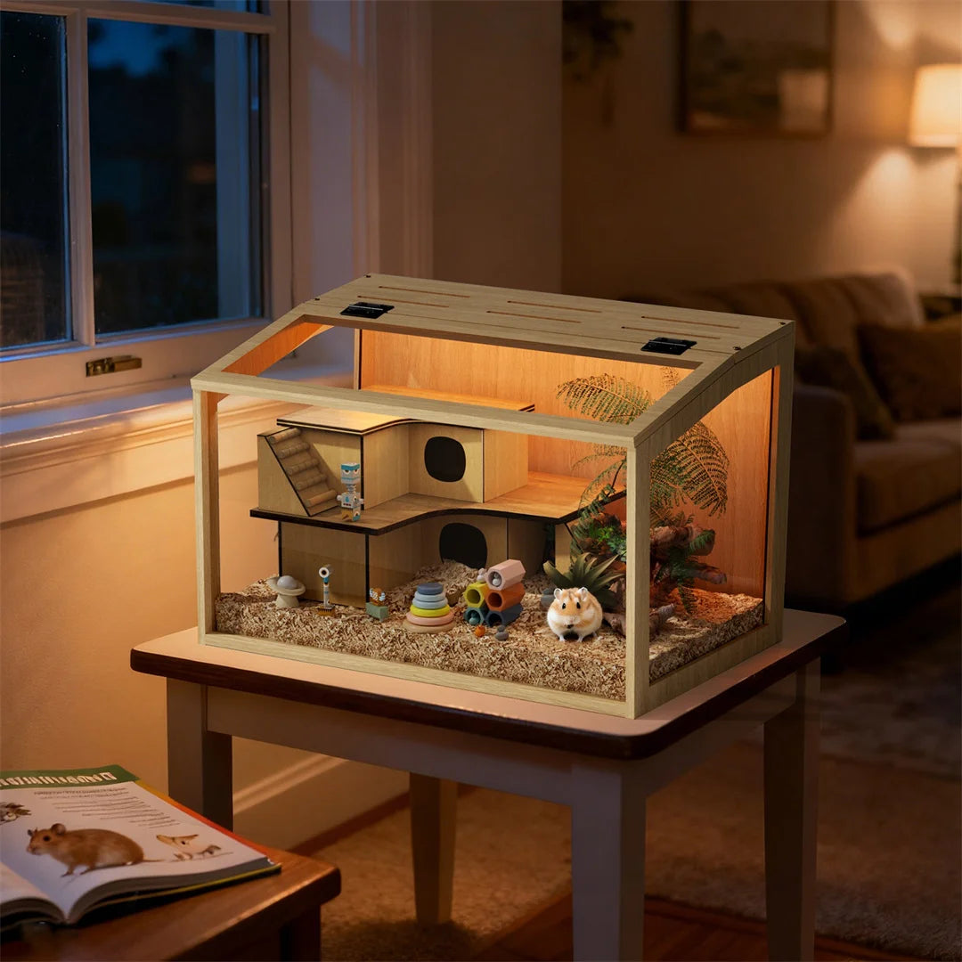 Natural Wooden Hamster Cage With Glass Panels Chewproof LED Light