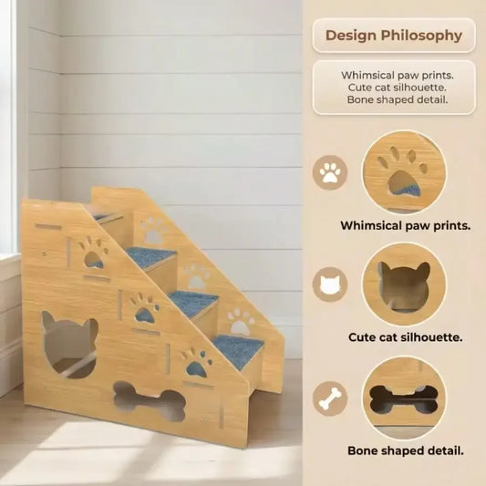 Wooden Right Angle Pet Stairs For Dogs And Cats With Non Slip Mat
