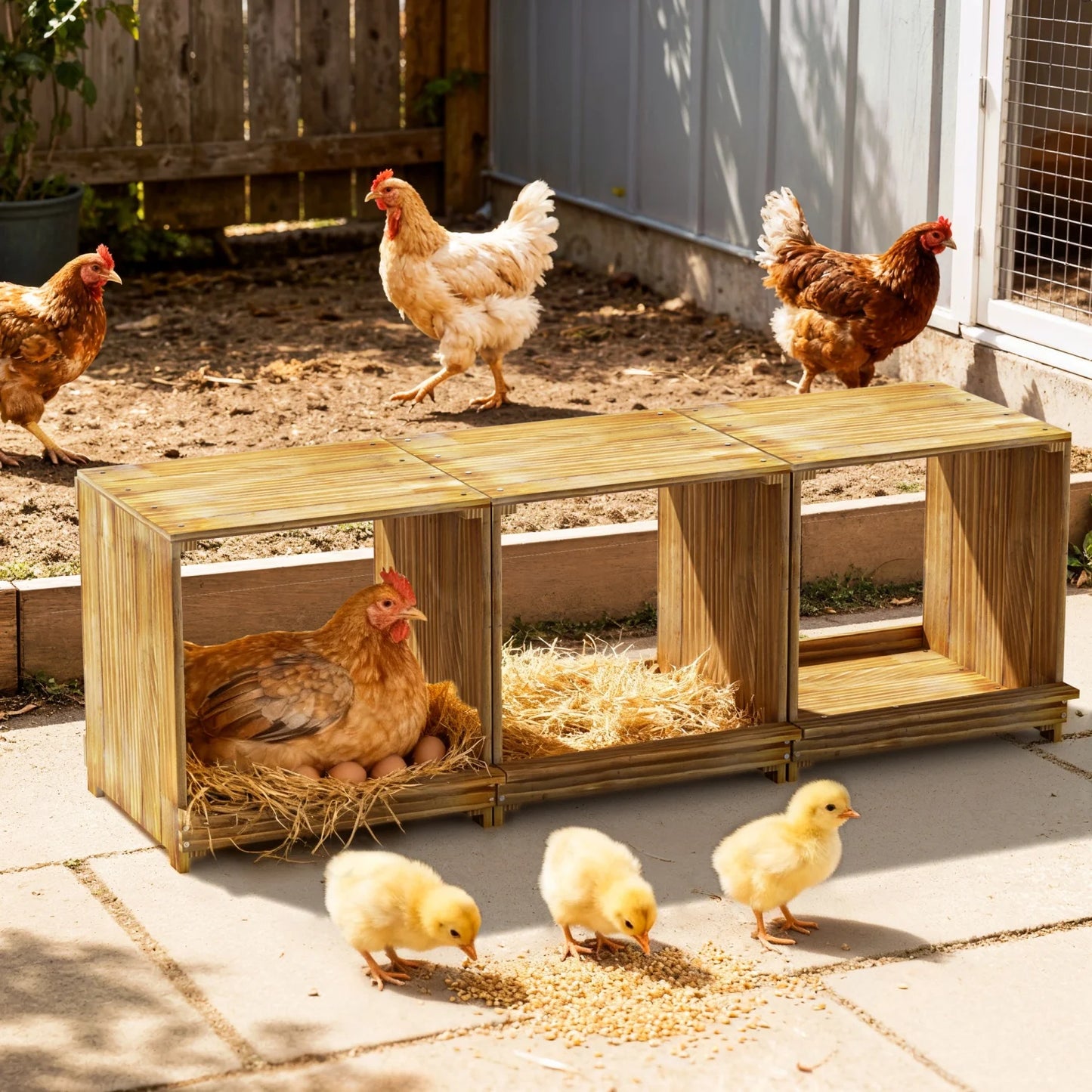 Bingopaw 3 Compartment Pine Wood Chicken Nesting Box for Eggs